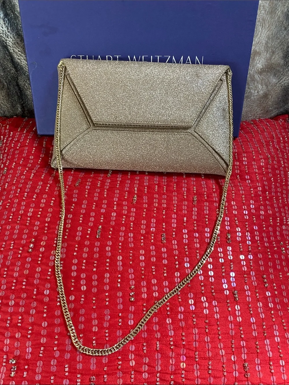Stuart Weitzman With Certificates Sparkling Gold Logo Lining Bag With Gold Chain